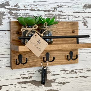 Easy Install !  Hand MAde ..Mail and  Key Entryway Shelf Organizer with Metal key  Hooks, Rustic Wood Organizer,  Farmhouse Decor
