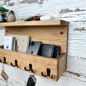 Easy Install-Hardware included - Rustic farmhouse  Key  Hook Rack with Mail Holder Shelf, Wood Hook Rack, Rustic key Rack, wall mail holder