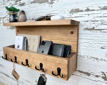 Easy Install hardware Included Rustic Farmhouse Key Hook Rack With Mail Holder Shelf Wood Hook Rack Rustic Key Rack Wall Mail Holder Etsy