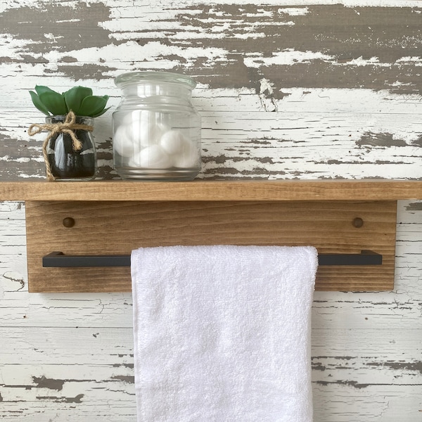 Easy Install ! 12" 18" 24" Wood Hand Towel Rack Shelf -  - Wooden Rustic Bathroom  - Farmhouse bar shelf Gold, Black and silver hardware