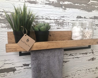 Easy Install ! 12" 18" 24"  Rustic Wood Hand Towel Rack Shelf -  - Wooden Bathroom  - Farmhouse towel bar shelf gold, silver black hardware