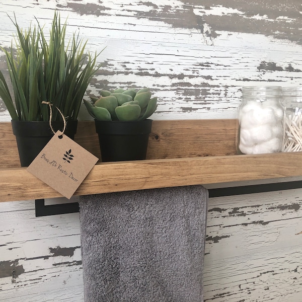 Easy Install ! 12" 18" 24"  Rustic Wood Hand Towel Rack Shelf -  - Wooden Bathroom  - Farmhouse towel bar shelf gold, silver black hardware