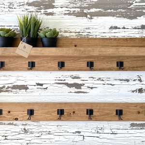 2 Piece - Easy Install  - Rustic farmhouse  Coat Hook Rack with Shelf, Wood Hook Rack, backpack hanger - Rustic Entryway Hooks, Towel Hanger