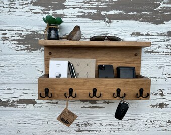 Easy Install hardware Included Rustic Farmhouse Key Hook Rack With Mail Holder Shelf Wood Hook Rack Rustic Key Rack Wall Mail Holder Etsy