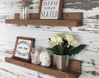 Easy install !  Set of Two - Wooden Floating shelf Picture Ledge Shelf Gallery Wall Rustic Home Decor,  Bathroom Storage Shelf magnolia