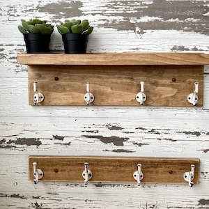 2 Piece - Easy Install  - Rustic farmhouse  Coat Hook Rack with Shelf, Wood Hook Rack, backpack hanger - Rustic Entryway Hooks, Towel Hanger