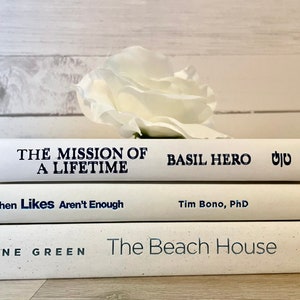 May include: A stack of three white books with blue text. The top book is titled "The Mission of a Lifetime" by Basil Hero. The middle book is titled "When Likes Aren't Enough" by Tim Bono, PhD. The bottom book is titled "The Beach House" by Jane Green.