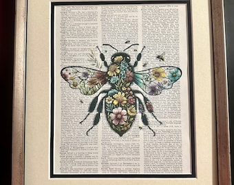 Upcycled Vintage Dictionary Art Floral Bee