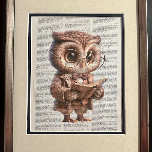 Upcycled Vintage Dictionary Reading Owl in Glasses Art