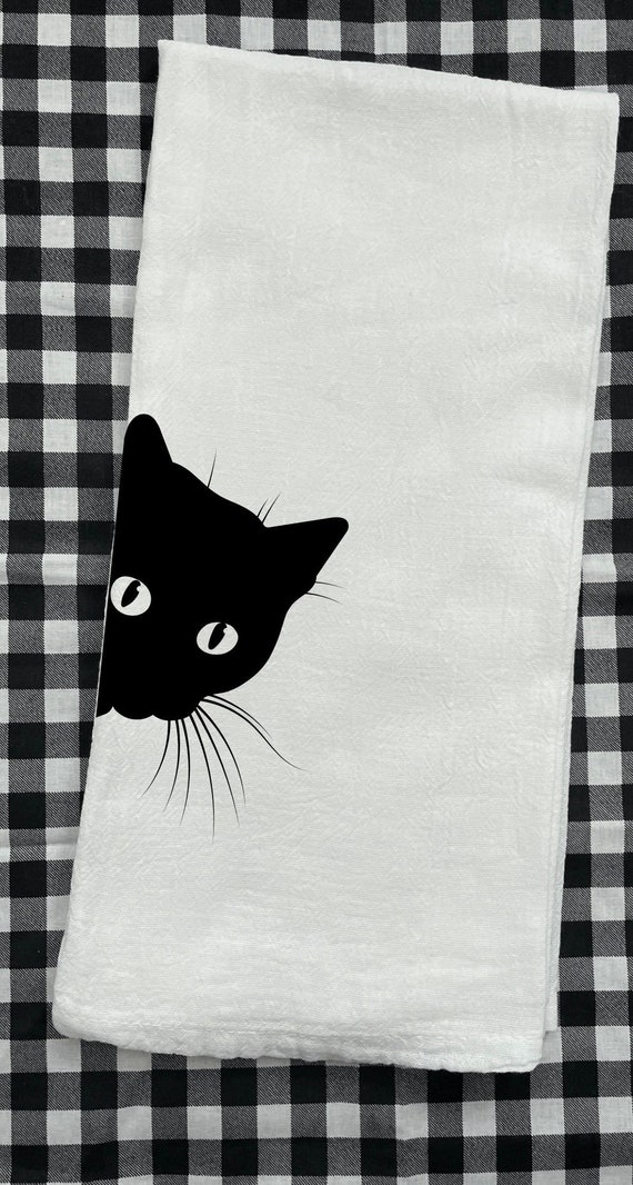 2 Black Cat Kitchen Towel Funny Dish Towels with Cats On Them White  Dishtowels