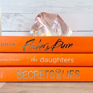 May include: A stack of three orange hardcover books with white titles. The top book is titled "Flicker & Burn" by T.M. Goeglin. The middle book is titled "the daughters" by Joanna Philbin. The bottom book is titled "Secrets and Lies" by Jacqueline Green.