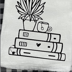 Book Stack Mug and Plant Decorative Tea Towel