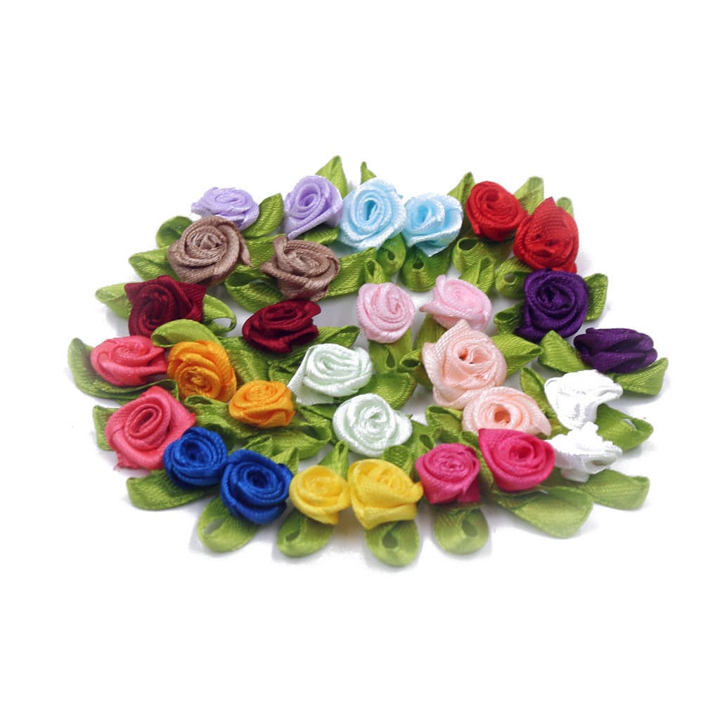 300 Pieces Mini Ribbon Roses for Crafts Artificial Fabric Flowers with  Green Leaves Mixed Color Rosettes Small Flower Ribbons Mini Craft Roses for