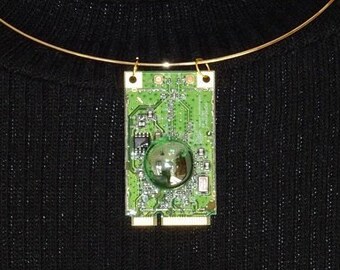 Upcycling jewelry. Printed circuit board pendant, glass bead. Women jewelry. Geek jewelry