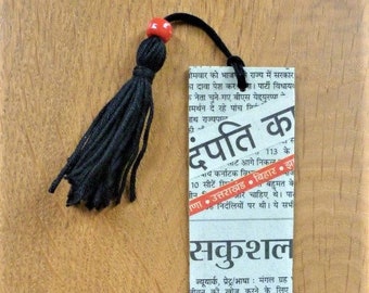 Unisex gift. Hindi newspaper bookmark, black tassel (B). Personalized gift. Upcycling gift. Recycled gift