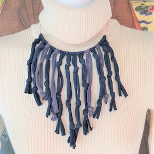 Upcycling jewelry. Zero waste. Choker necklace in navy blue and dark grey t-shirt. Recycled materials jewelry. Women jewelry