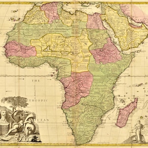 1725 Mapa británico del continente africano que muestra el Reino de Judá en la costa oeste. Tamaño A1