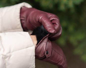 Women's RABBIT FUR lined Gloves - WINE - hairsheep leather - size 6.5