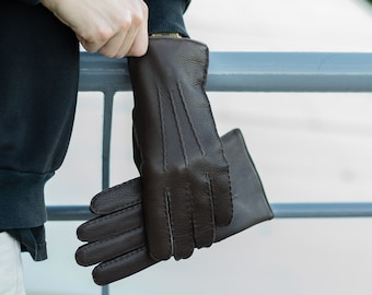 Guantes de INVIERNO para hombre - MARRÓN OSCURO - forro de lana - piel de venado