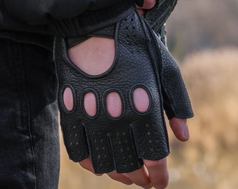 Men's FINGERLESS Leather Gloves - BLACK - deerskin leather