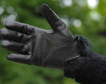 Men's RABBIT FUR lined Gloves - BLACK - hairsheep leather