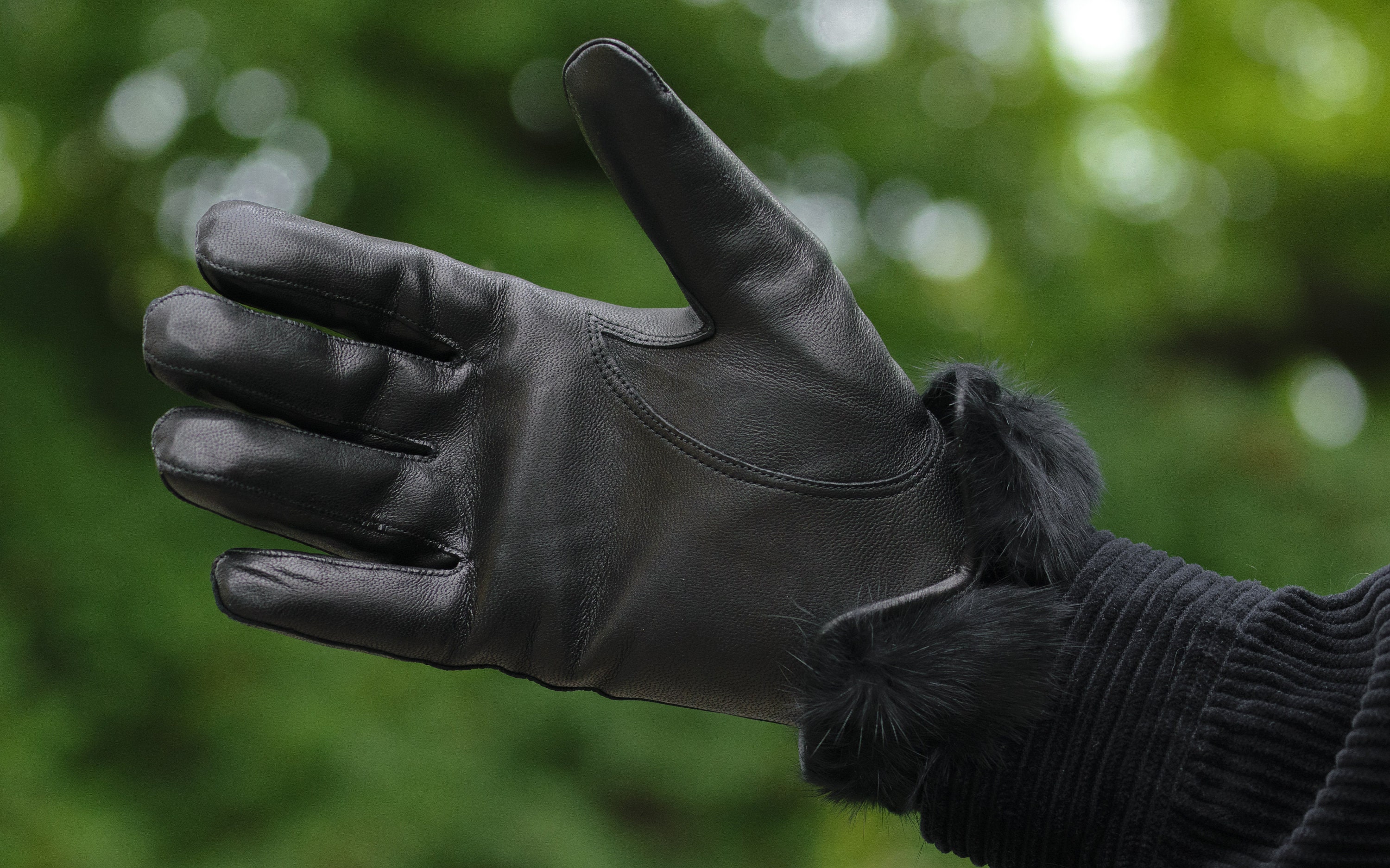 Men's Rabbit Fur Lined Gloves - Black - Hairsheep Leather