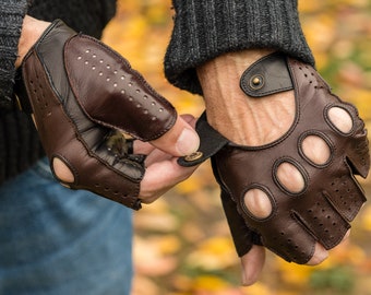 Men's FINGERLESS Gloves - BROWN-BLACK - hairsheep leather