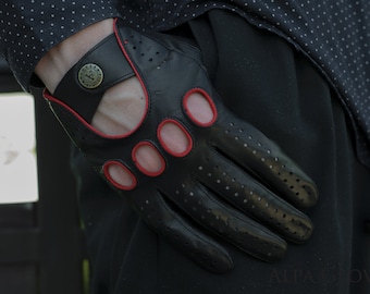 Men&#39;s DRIVING Gloves - BLACK(red) - hairsheep leather
