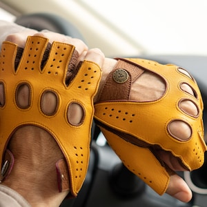 Men's FINGERLESS Leather Gloves - GOLD-BROWN - deerskin leather