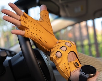 Men's FINGERLESS Leather Gloves - GOLD - deerskin leather