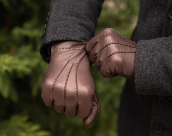 Men's WINTER Gloves - BROWN - wool lined - hairsheep leather