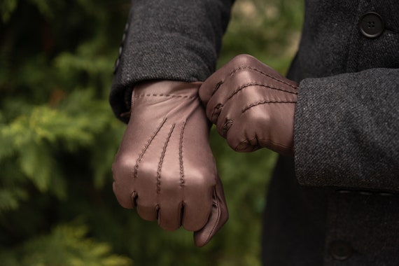 Men's WOOL lined gloves - BROWN - hairsheep nappa leather