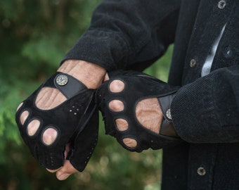 Men's FINGERLESS Gloves - BLACK - hairsheep suede-nappa leather