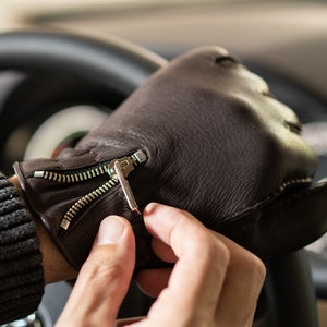 Men's WINTER Gloves - DARK BROWN - wool lined - deerskin leather