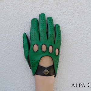 Men&#39;s DRIVING Gloves - GREEN-BLACK - hairsheep leather