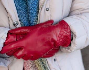 DamenHandschuhe - ROT - Wolle gefüttert - Haarspange Leder