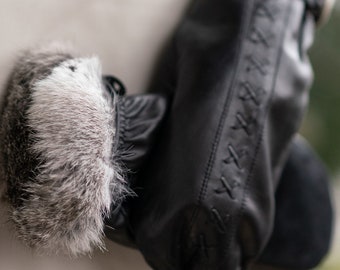 Women's MITTENS - rabbit FUR lined - BLACK - hairsheep leather