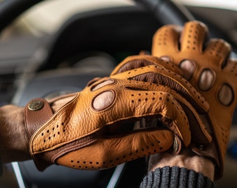 Men's DRIVING Gloves - COGNAC-BROWN - deerskin leather