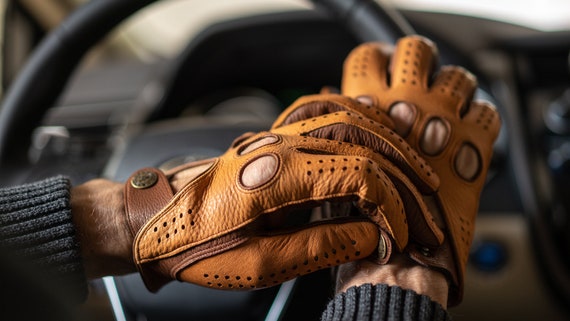 Gants de conduite en cuir de mouton marron sans doigts