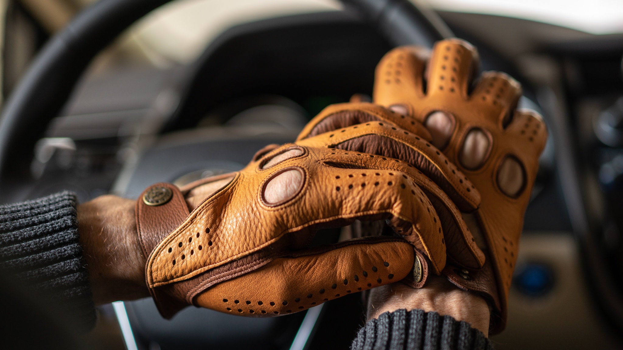 Gants de conduite Racing Cuir sauvage Marron / Bandes blanches - homme