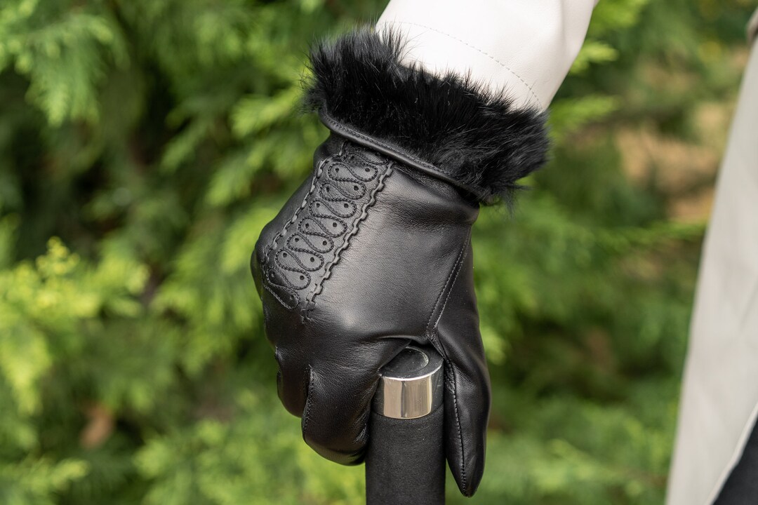 Women's RABBIT FUR Lined Gloves BLACK Hairsheep Etsy