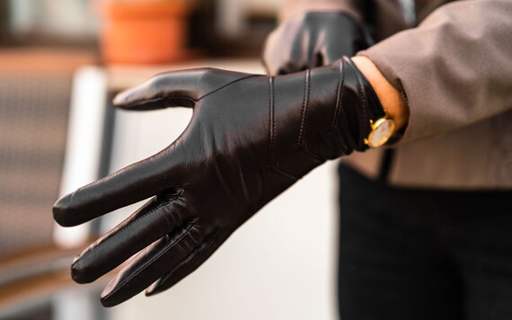 Women's Gloves - DARK BROWN - Wool Lined - Hairsheep Leather