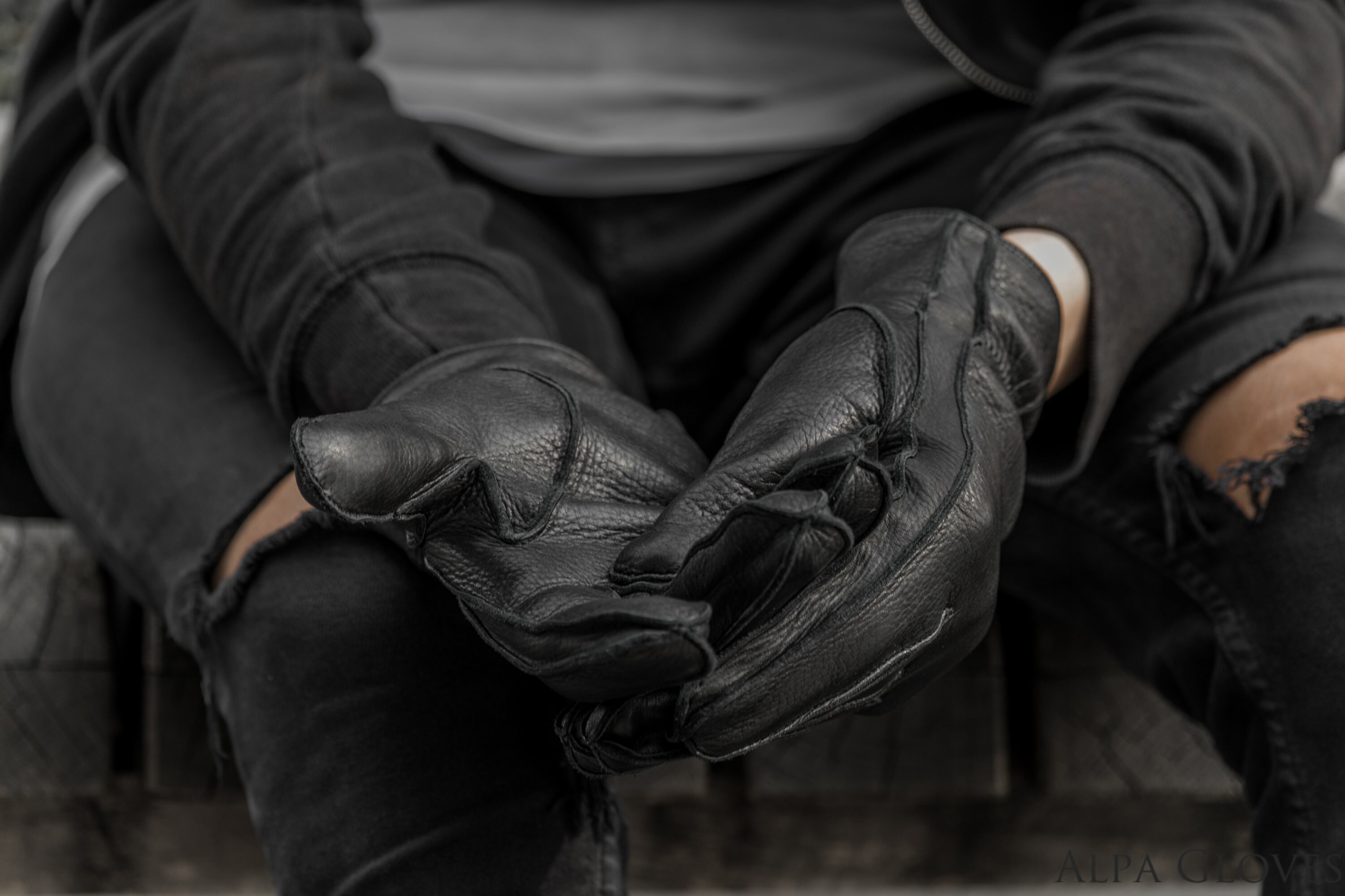 men's rabbit fur lined black leather gloves