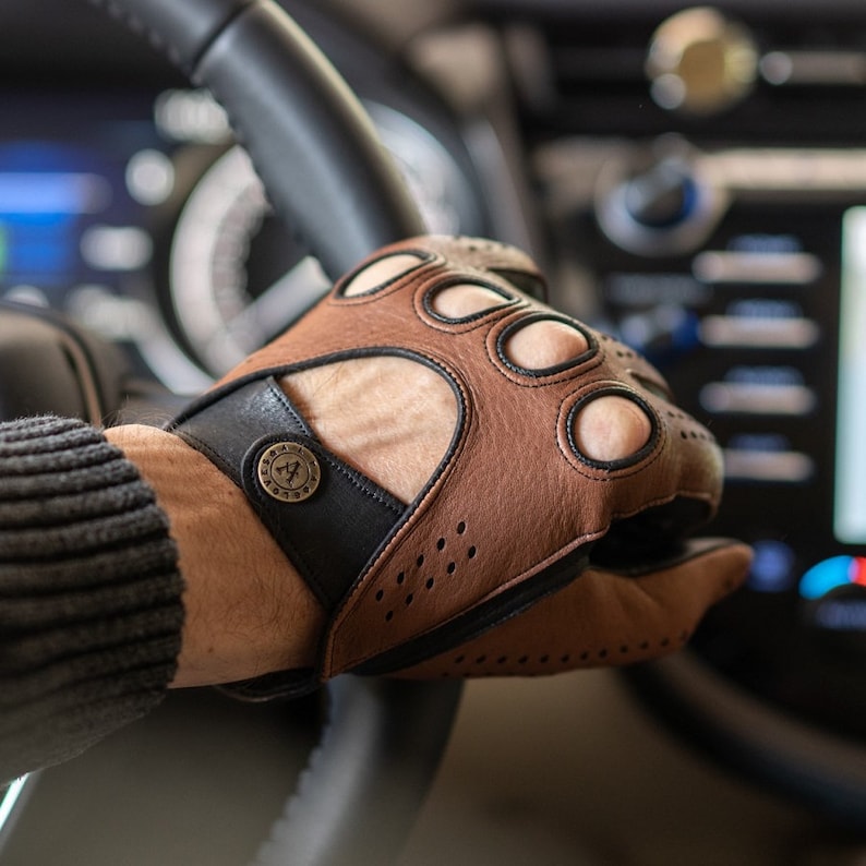 Men's DRIVING Gloves BROWN-BLACK deerskin leather image 5