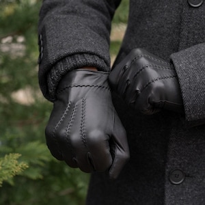 Men's WINTER Gloves - BLACK - rayon lined - hairsheep leather