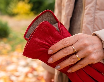 Women's Gloves - RED - wool lined - deerskin leather