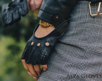 Women's FINGERLESS Gloves - BLACK - deerskin leather