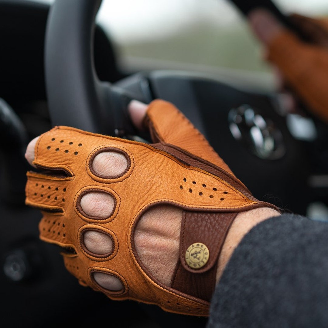 Men's FINGERLESS Leather Gloves COGNAC-BROWN Deerskin Leather -  Israel