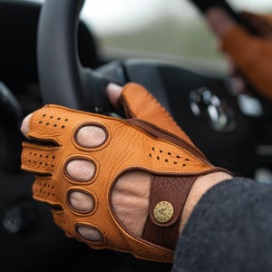 Men's FINGERLESS Leather Gloves - COGNAC-BROWN - deerskin leather