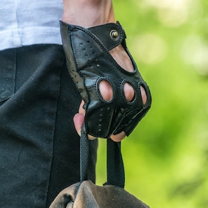 Men&#39;s FINGERLESS Gloves - BLACK - hairsheep leather